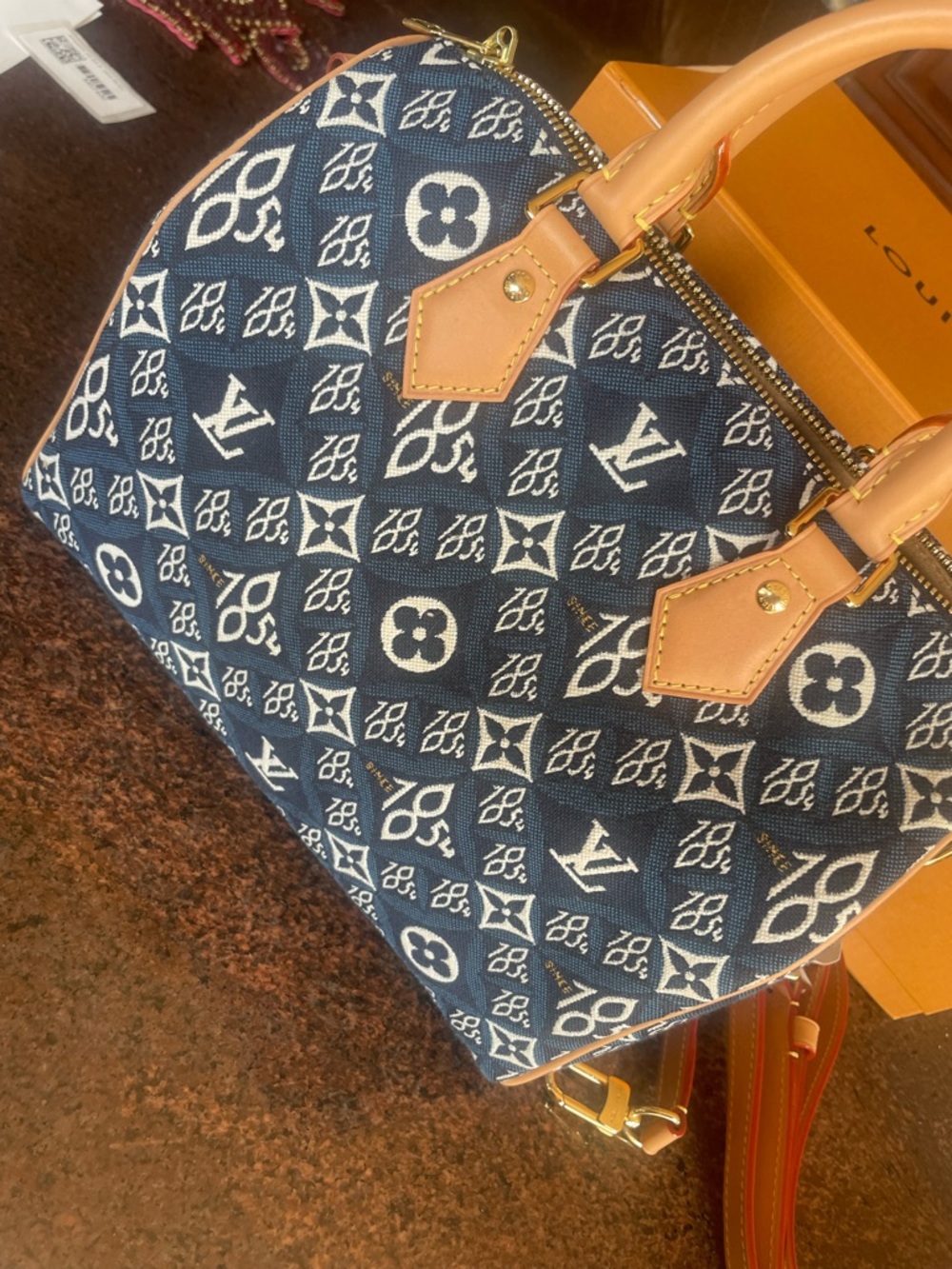 Louis Vuitton Navy and Tan Monogram Denim Satchel 1854. Receipt. Tags.